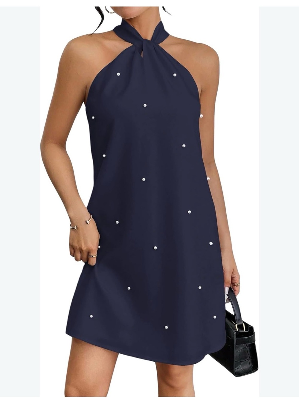 Pearl-Accent Halter Mini Dress in Navy